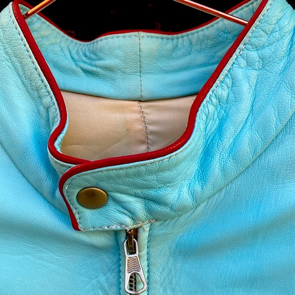 Soft Italian leather amazing turquoise blue biker jacket with oxblood trim. - Picture 3 of 9
